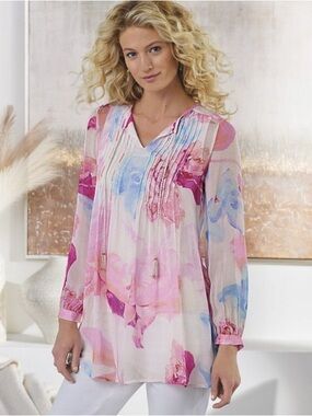 Soft Surroundings Floral Chiffon Blouse Top Colorful Size M